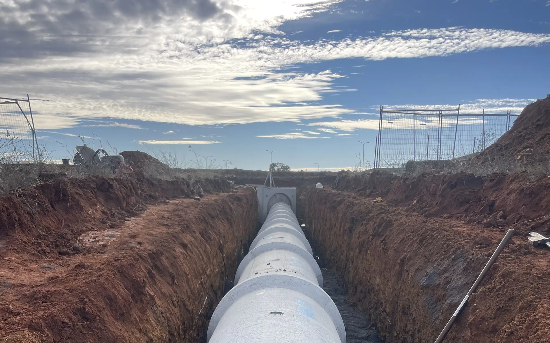 Large reinforced concrete stormwater pipe laid in an open trench
