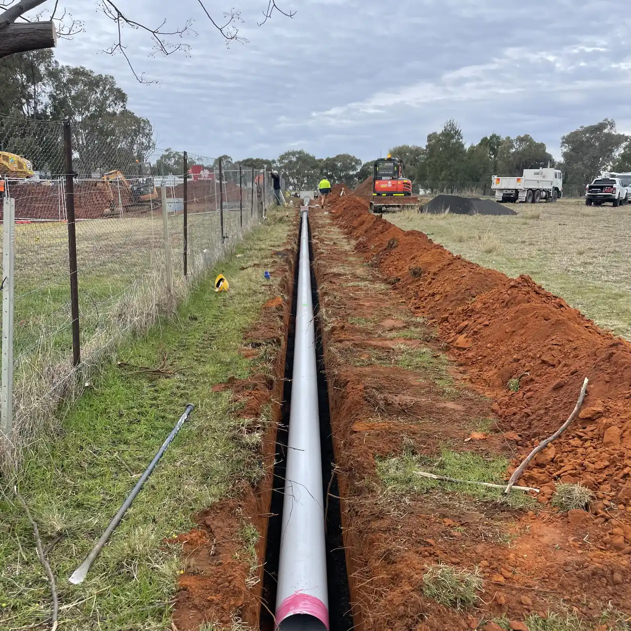 Sewer main pipework laid along an open trench