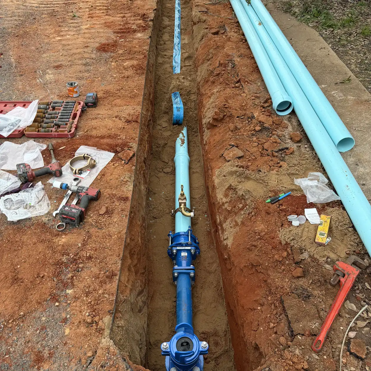 Water main and valve laid in an open trench ready for connection